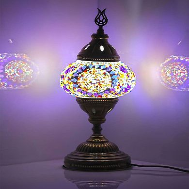 14.5 in. Handmade Multicolor Center Circle Mosaic Glass Table Lamp with Brass Color Metal Base