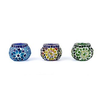 2.4 in Handmade Blue and Green and Multicolor Mosaic Glass Tealight Candle Holder (Set of 3)