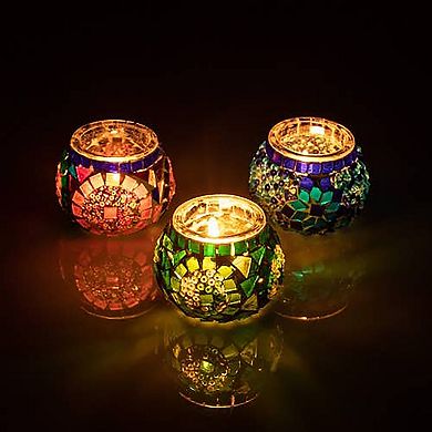 2.4 in. Handmade Blue and Green and Multicolor Mosaic Glass Tealight Candle Holder (Set of 3)