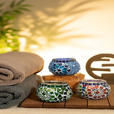 2.4 in. Handmade Blue and Green and Multicolor Mosaic Glass Tealight Candle Holder (Set of 3)