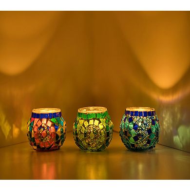 2.4 in. Handmade Blue and Green and Multicolor Mosaic Glass Tealight Candle Holder (Set of 3)