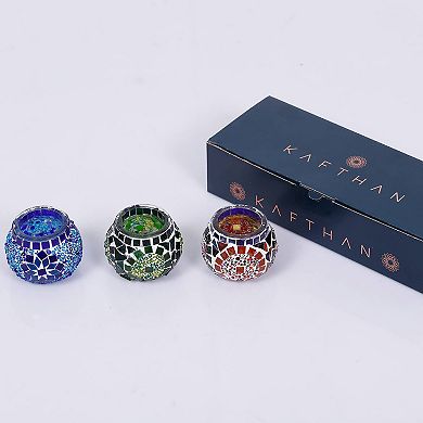 2.4 in. Handmade Blue and Green and Multicolor Mosaic Glass Tealight Candle Holder (Set of 3)