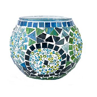 3.4 in Handmade Turquoise and White Mosaic Glass Votive Candle Holder