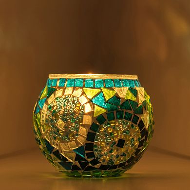 3.4 in. Handmade Turquoise and White Mosaic Glass Votive Candle Holder