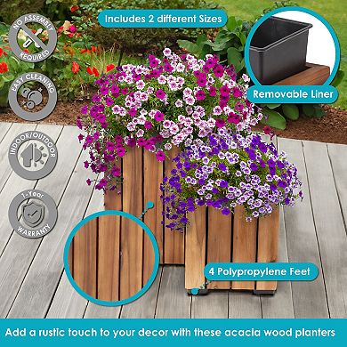 Sunnydaze 2-piece Acacia Square Planter Boxes With Liners