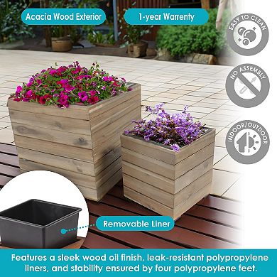 Sunnydaze 2-piece Acacia Square Planter Boxes With Liners