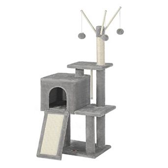 Small Cat Tower For Indoor Cats, Kittens, Scratching Post, Ramp, 3 Removable Pompom Sticks, Cat Cave