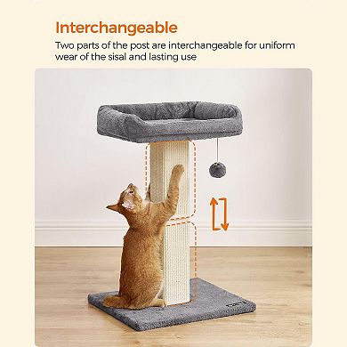 Cat Scratcher Post with Plush Perch and Woven Sisal, Pompom, Removable Washable Cover