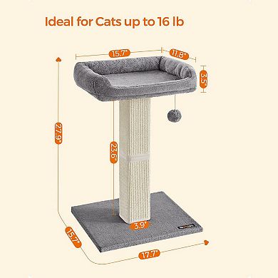 Cat Scratcher Post with Plush Perch and Woven Sisal, Pompom, Removable Washable Cover