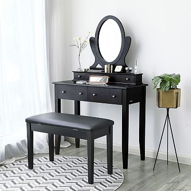 Wooden Duet Piano Bench with Padded Cushion and Music Storage Black