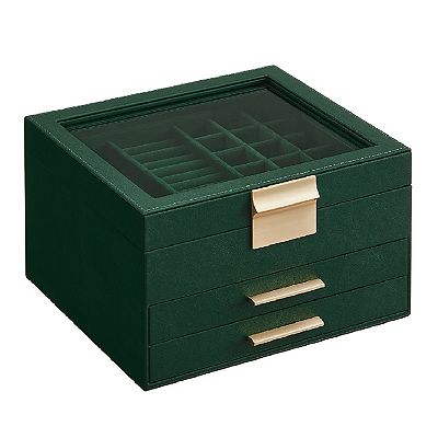 Jewelry Box with Glass Lid, store 3-Layer Jewelry Organizer, 2 Drawers, Jewel