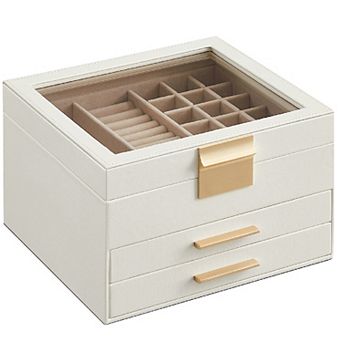 Jewelry Box with Glass Lid, 3-Layer Jewelry Organizer with 2 Drawers, Gift for Loved Ones