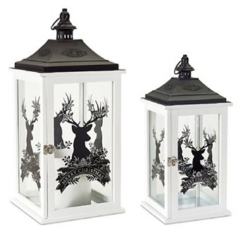 Wood Merry Christmas Lantern with Deer Design (Set of 2)