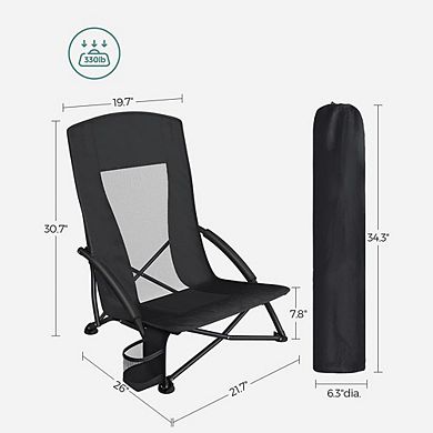 Portable Beach Chair with High Backrest, Cup Holder, Foldable, Lightweight Design