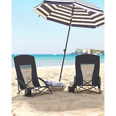 Portable Beach Chair with High Backrest, Cup Holder, Foldable, Lightweight Design
