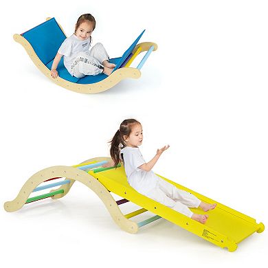 3-in-1 Kids Climber Set Wooden Arch Triangle Rocker With Ramp And Mat