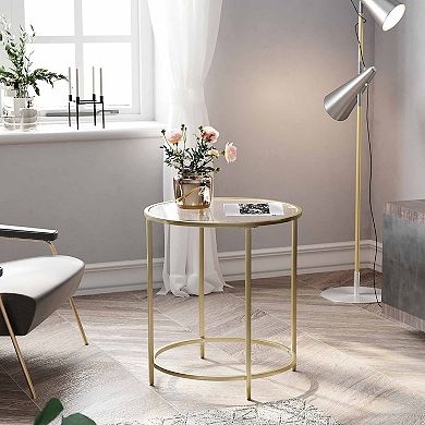 Round Side Table, Glass End Table With Metal Frame, Small Coffee Accent Table