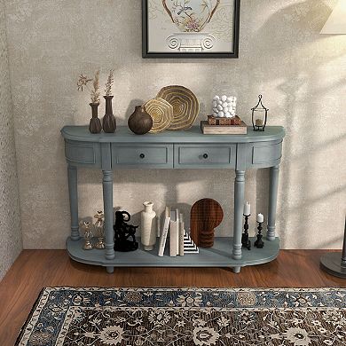 52" Retro Console Table With 2 Drawers And Open Shelf Entryway Sofa Table-Blue