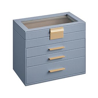 Jewelry Box with Glass Lid, 4-Layer Jewelry Organizer, 3 Drawers, for Sunglasses, Big Jewelry