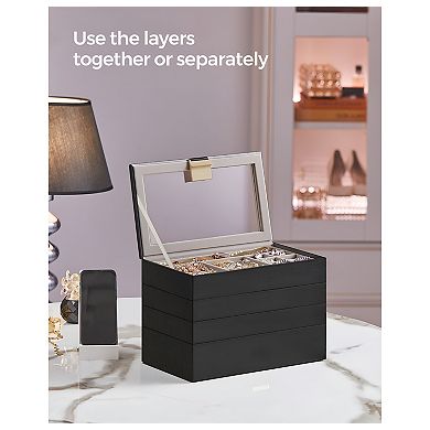 Customizable 4-Layer Jewelry Organizer with Transparent Glass Lid and Gold Handle