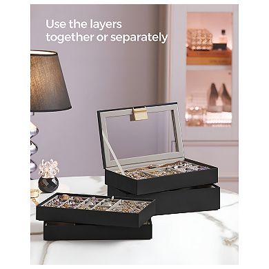 Customizable 4-Layer Jewelry Organizer with Transparent Glass Lid and Gold Handle