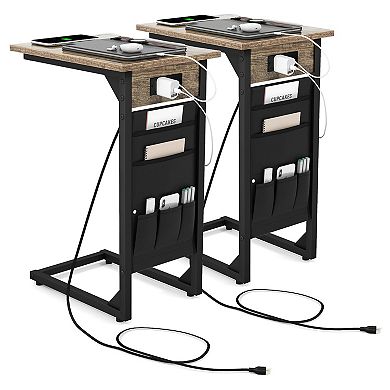 Set of 2 C Shaped End Table with Charging Station-Rustic Brown