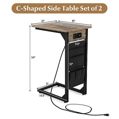 Set of 2 C Shaped End Table with Charging Station-Rustic Brown