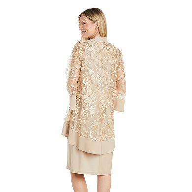 Women's R&M Richards Floral Embroidered Tulle Jacket & Dress Set With Necklace