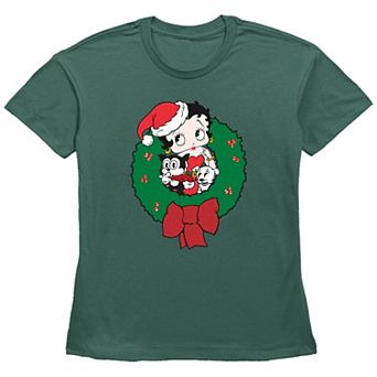Juniors' Betty Boop Bimbo & Pudgy Christmas Wreath Graphic Tee