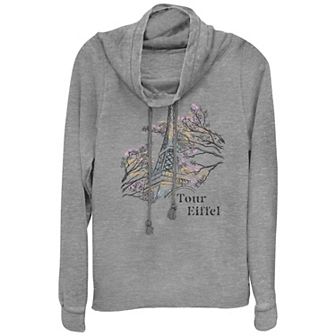 Women's Eiffel Tower Sketch Cowlneck Graphic Lightweight Long Sleeve