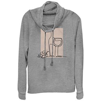 Women's Grapes Wine Bottle And Glass Drawing Cowlneck Graphic Lightweight Long Sleeve