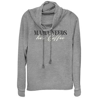 Women's Mama Needs Her Coffee Script Cowlneck Graphic Lightweight Long Sleeve