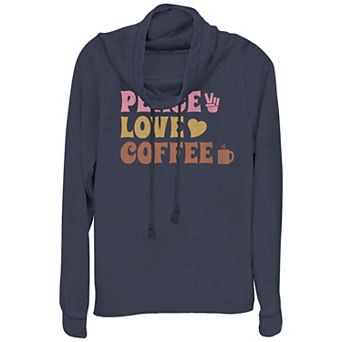 Women's Peace Love And Coffee Cowlneck Graphic Lightweight Long Sleeve