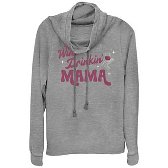 Women's Wine Drinking Mama Cowlneck Graphic Lightweight Long Sleeve