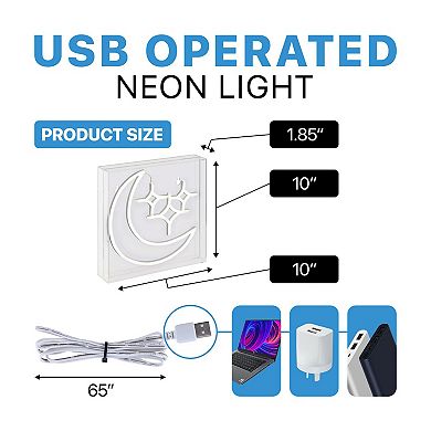 Starry Crescent Square Contemporary Glam Acrylic Box USB Operated LED Neon Light