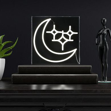 Starry Crescent Square Contemporary Glam Acrylic Box USB Operated LED Neon Light