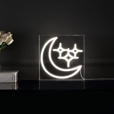 Starry Crescent Square Contemporary Glam Acrylic Box USB Operated LED Neon Light
