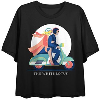 Juniors' White Lotus Couple Scooter Graphic Tee