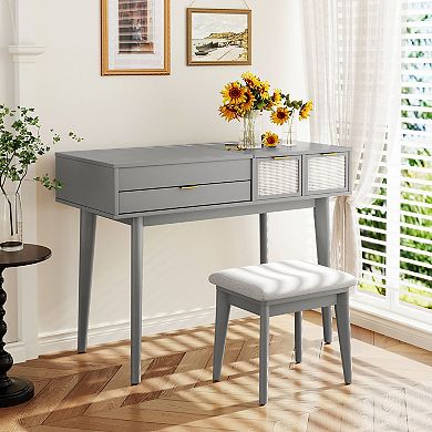 Classic Wood Makeup Vanity Set with Flip-top Mirror and Stool