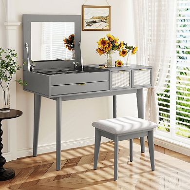 Classic Wood Makeup Vanity Set with Flip-top Mirror and Stool