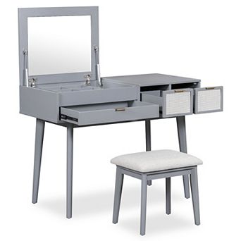 Classic Wood Makeup Vanity Set with Flip-top Mirror and Stool