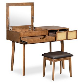 Classic Wood Makeup Vanity Set with Flip-top Mirror and Stool