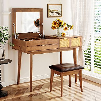 Classic Wood Makeup Vanity Set with Flip-top Mirror and Stool