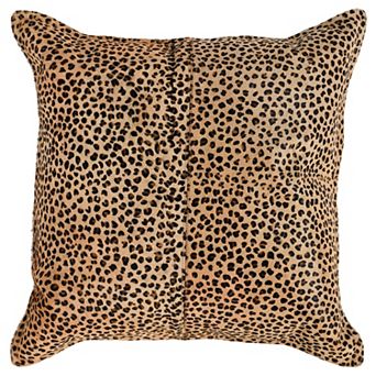 20 X 20 Leather Accent Throw Pillow, Leopard Print Beige Black, Down Insert