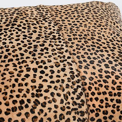 20 X 20 Leather Accent Throw Pillow, Leopard Print Beige Black, Down Insert