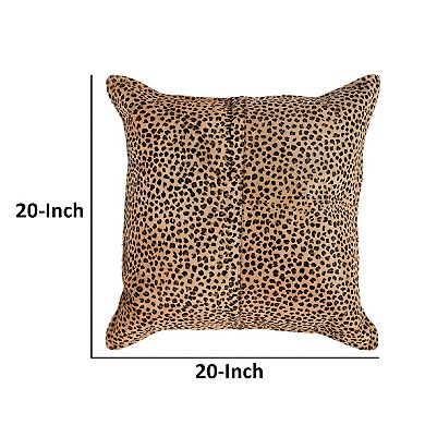 20 X 20 Leather Accent Throw Pillow, Leopard Print Beige Black, Down Insert