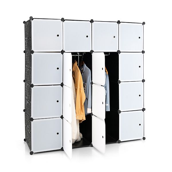 16Cube Storage Organizer with 16 Doors and 2 Hanging RodsBlack