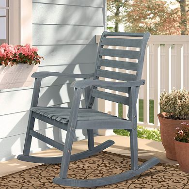Carey Modern Slat Back Acacia Wood Patio Outdoor Rocking Chair