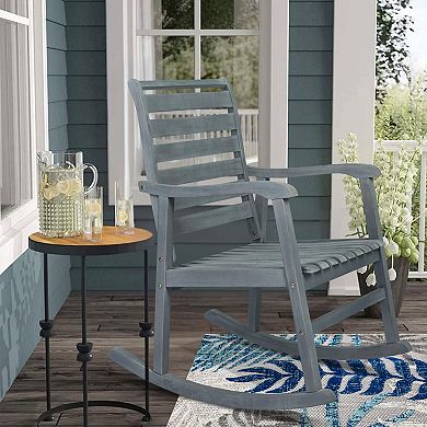 Carey Modern Slat Back Acacia Wood Patio Outdoor Rocking Chair