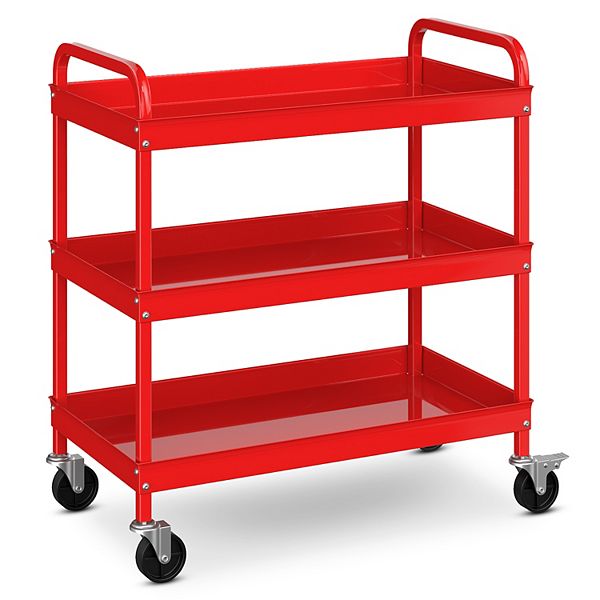 3tier Metal Utility Cart With Lockable Casters And Handlesred